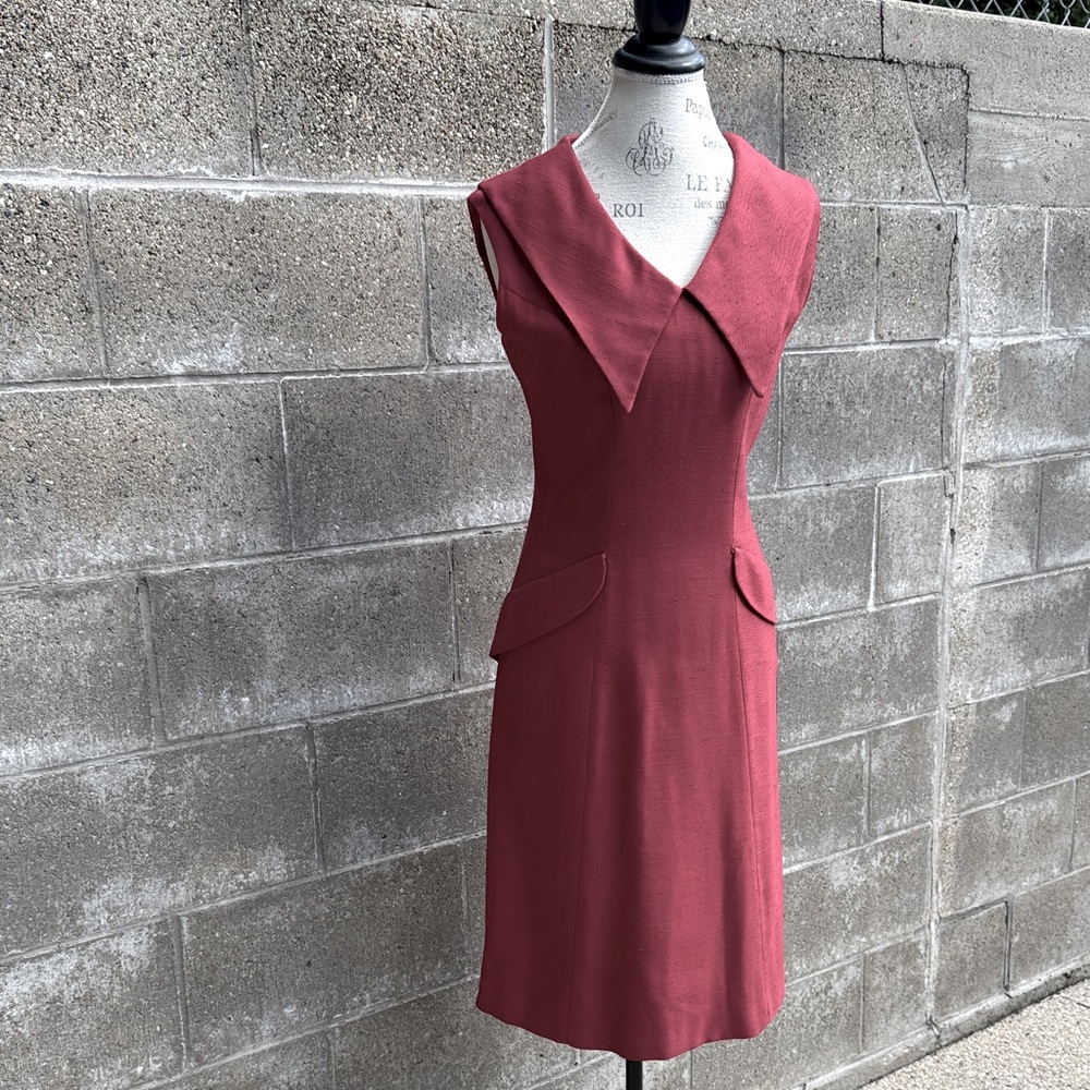 Vintage‎ Carlette 60’s garnet red wool blend midi dress dagger collar EVC S/M